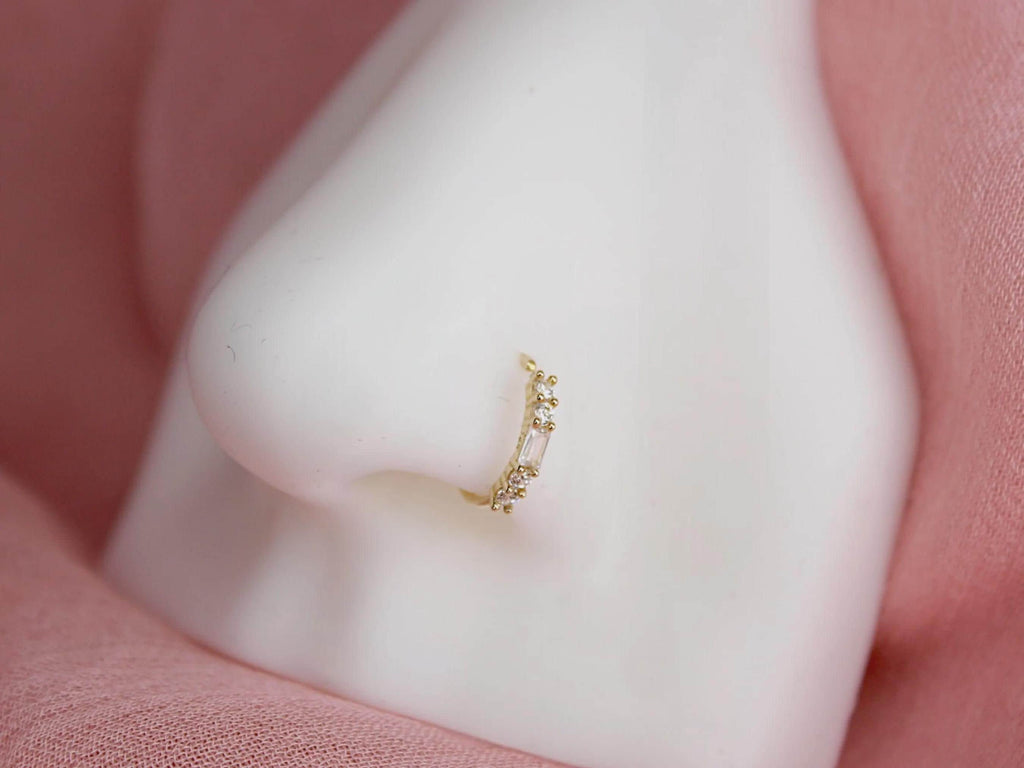 14K Gold Baguette Nose Ring, 20g Dainty Crystal Gold Nose Hoop Ring Jewelry, Minimalist Bendable Nose Piercing Jewelry, Gold Jewelry