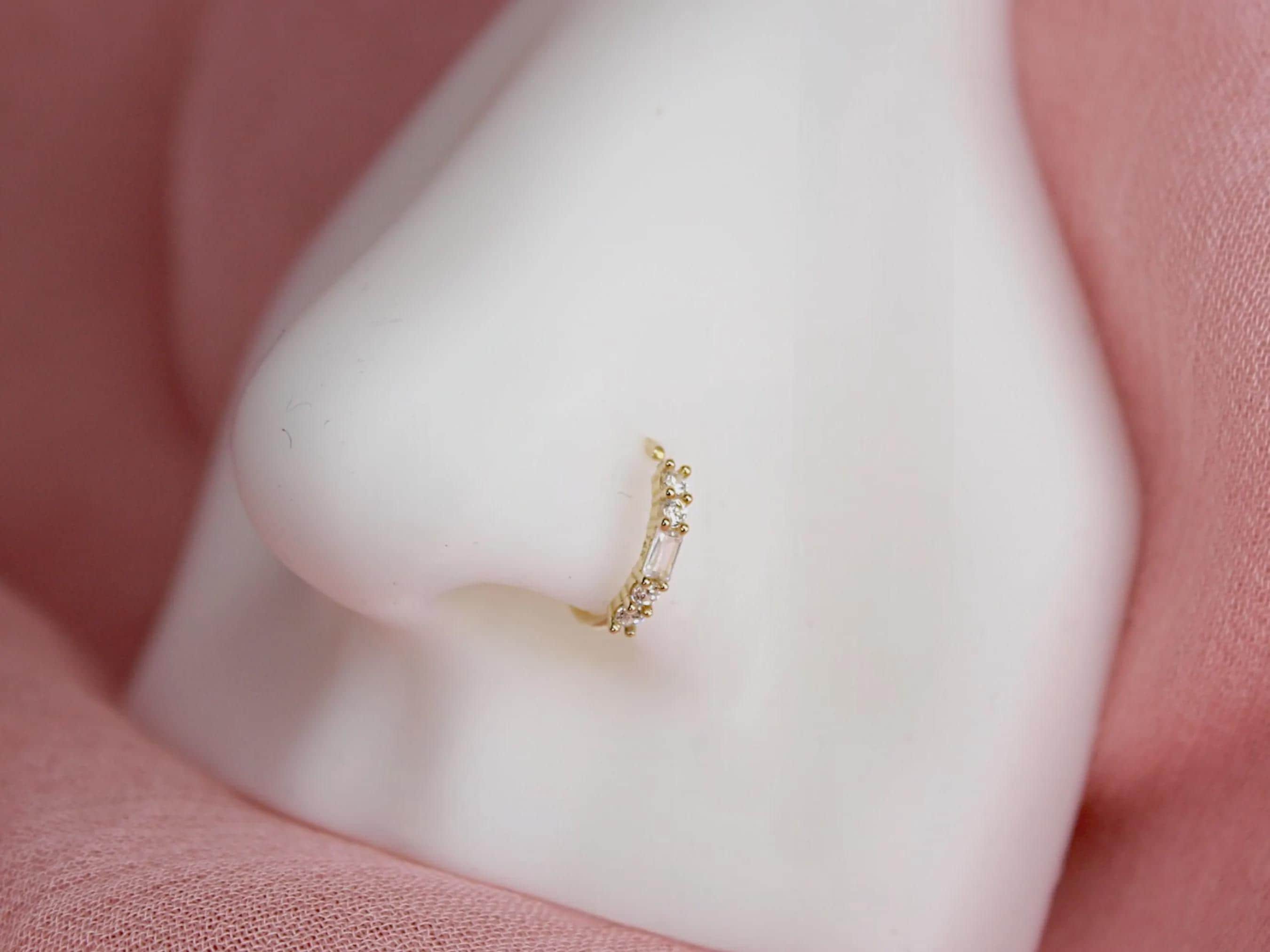 14K Gold Baguette Nose Ring, 20g Dainty Crystal Gold Nose Hoop Ring Jewelry, Minimalist Bendable Nose Piercing Jewelry, Gold Jewelry