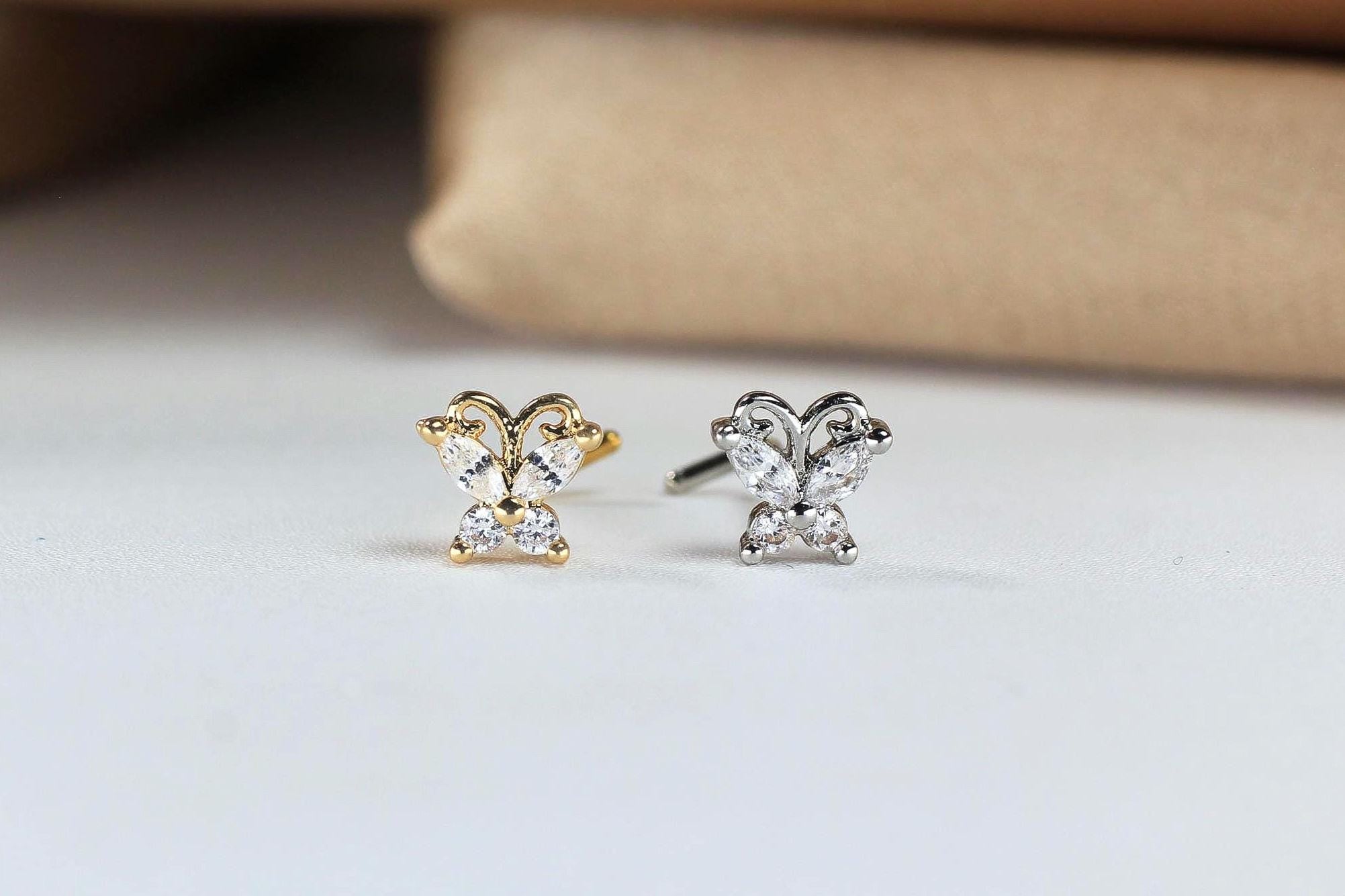 20G Butterfly Nose Stud, CZ Gem L Shape Nose Ring, Dainty L Bend Body Jewelry
